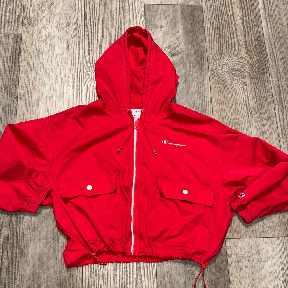 Vintage Champion cropped hooded windbreaker red jacket XL coat